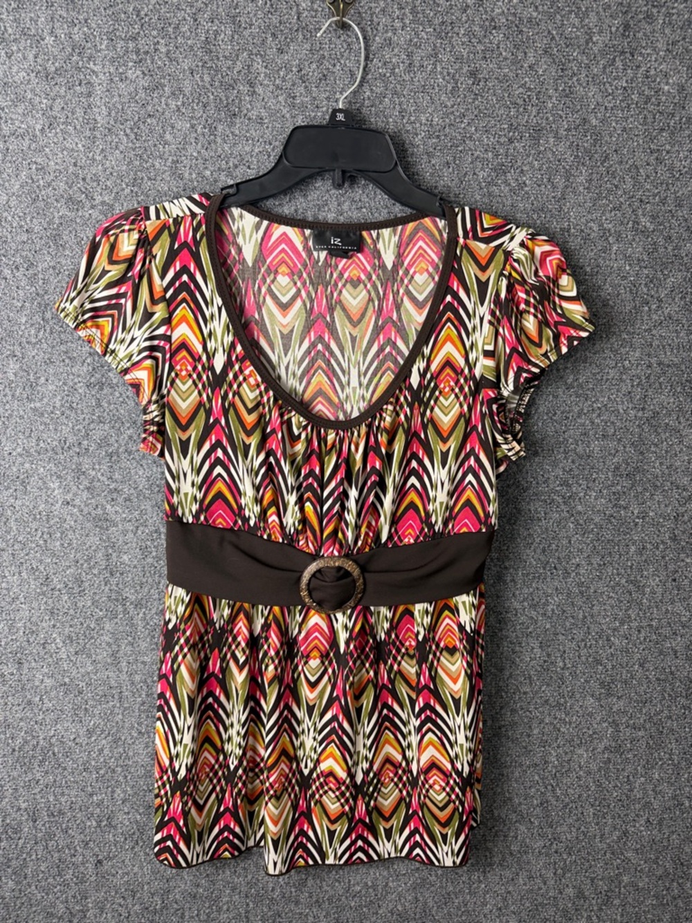 Byer California Multicolor Geometric Scoop Neck Tunic with Brown Waistband XL